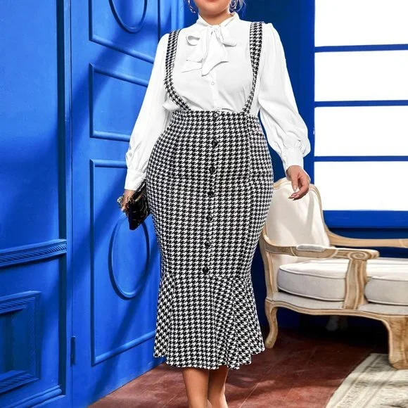 Houndstooth Print Mermaid Hem Skirt with suspenders - Picture 7 of 8